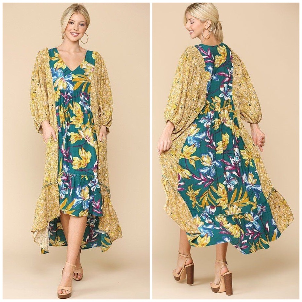 Teal Floral Maxi Dress with Yellow Bloom Print